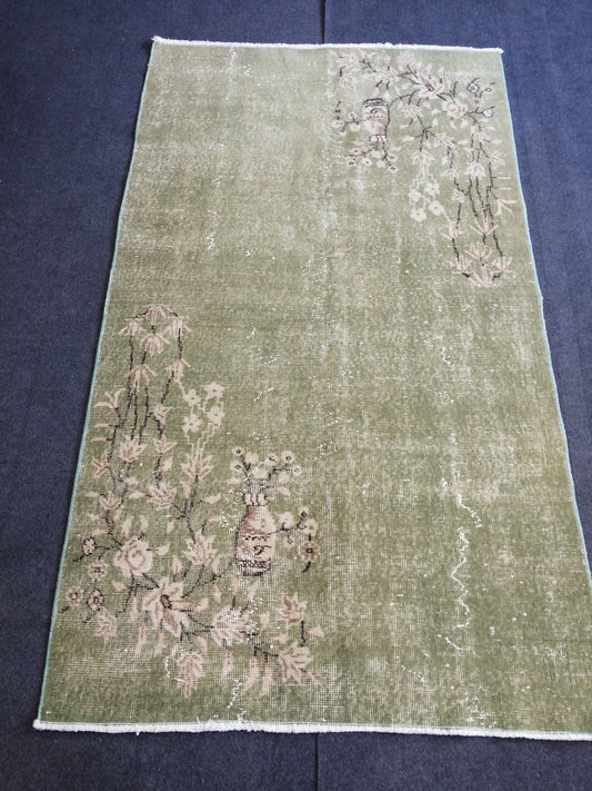 6.3 X 3.7 GREEN OUSHAK RUG , Vintage Turkish Rugs, Minimalist Rug,Oushak Floral Rug,Hand Made Rug, Kitchen Rug, boho rug, Vintage rug