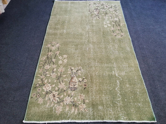 6.3 X 3.7 GREEN OUSHAK RUG , Vintage Turkish Rugs, Minimalist Rug,Oushak Floral Rug,Hand Made Rug, Kitchen Rug, boho rug, Vintage rug