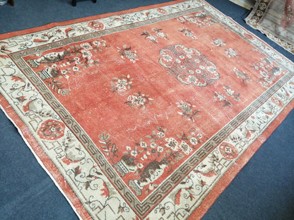 6.8 x 10.3 Vintage Rugs  TURKISH HAND MADE Rugs   Vintage Turkish Rugs Oushak Rug  Turkish Oushak Rug, Vintage 7x10 Rug,  Soft Wool Rug