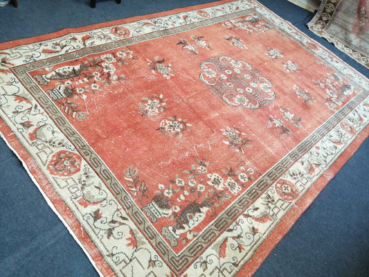 6.8 x 10.3 Vintage Rugs  TURKISH HAND MADE Rugs   Vintage Turkish Rugs Oushak Rug  Turkish Oushak Rug, Vintage 7x10 Rug,  Soft Wool Rug