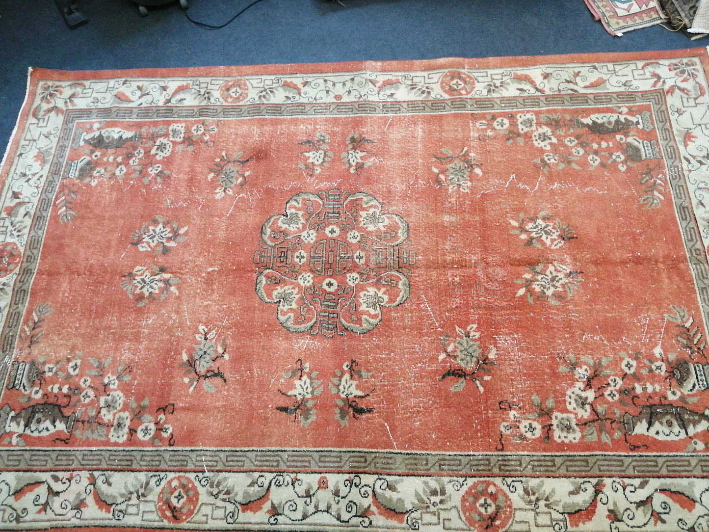 6.8 x 10.3 Vintage Rugs  TURKISH HAND MADE Rugs   Vintage Turkish Rugs Oushak Rug  Turkish Oushak Rug, Vintage 7x10 Rug,  Soft Wool Rug