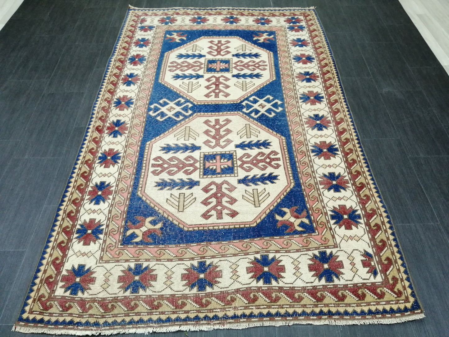 7.3 x 4.7 Blue Rug, Oriental Vintag Rug, Oushak Rug, Rustic Rug, Bohemian Rug, Rug Runner, Turkish Rug, Farmhouse Rug, Vintage Rug, Wool rug