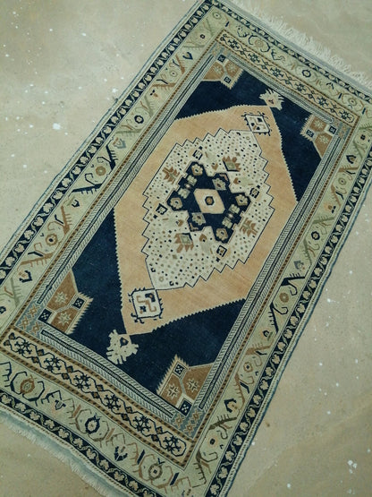 4.4 X 9.8 Vintage RUG Navy Blue TURKISH Oushak Rug Vintage Oushak Runner Rug  Wool Oushak Rug Hand Made Rugs  Turkish Rug