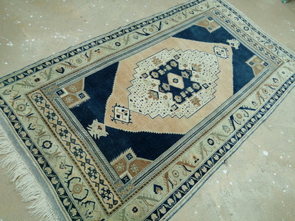 4.4 X 9.8 Vintage RUG Navy Blue TURKISH Oushak Rug Vintage Oushak Runner Rug  Wool Oushak Rug Hand Made Rugs  Turkish Rug