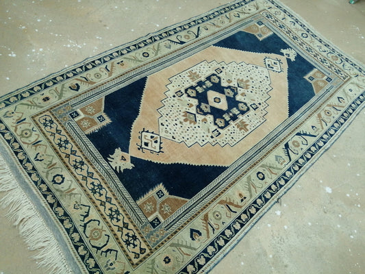 4.4 X 9.8 Vintage RUG Navy Blue TURKISH Oushak Rug Vintage Oushak Runner Rug  Wool Oushak Rug Hand Made Rugs  Turkish Rug