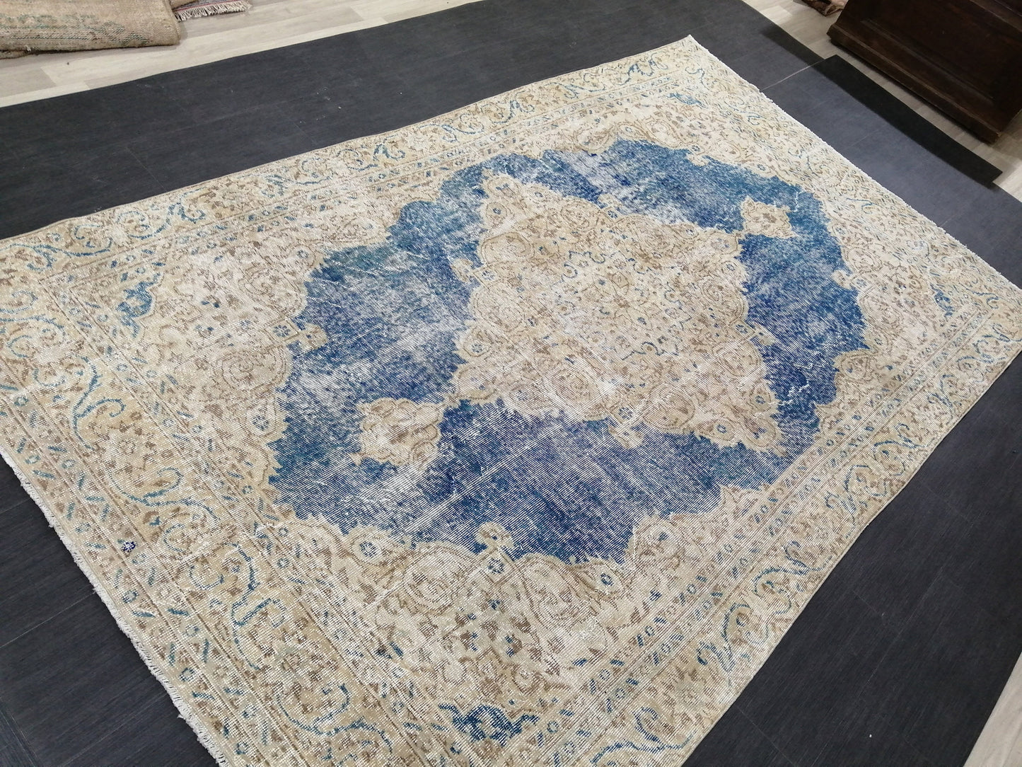 6.3 x 10.5 Denim Blue OUSHAK RUG TURKISH Oushak Rug Vintage Wool 10x6 Rug Hand Made Rugs distressed Rug