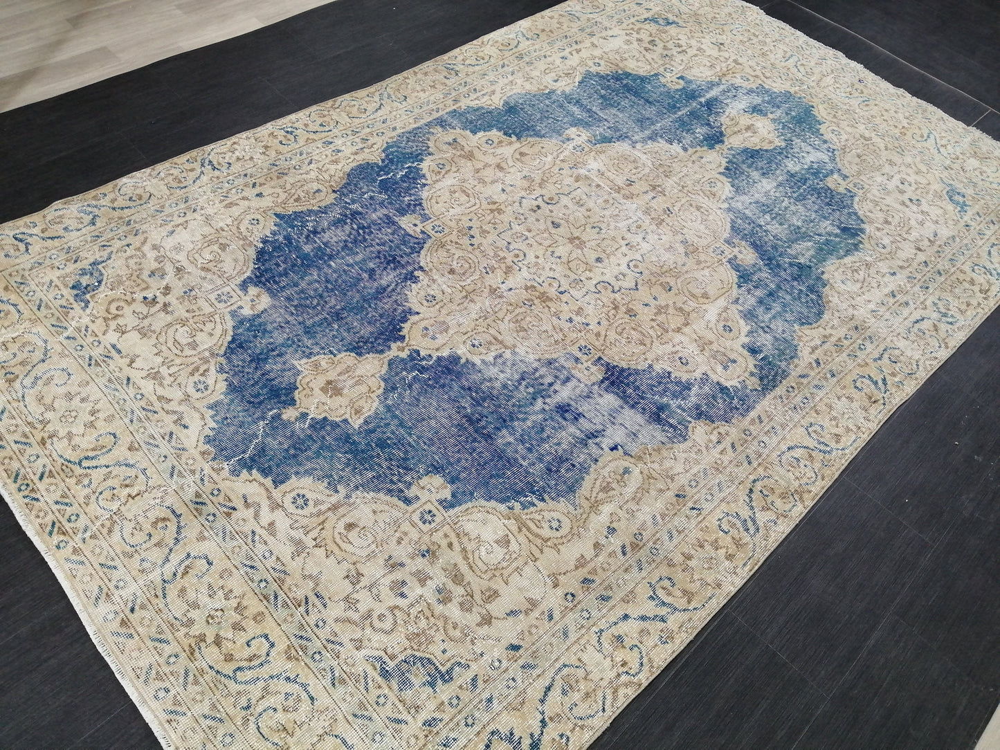6.3 x 10.5 Denim Blue OUSHAK RUG TURKISH Oushak Rug Vintage Wool 10x6 Rug Hand Made Rugs distressed Rug