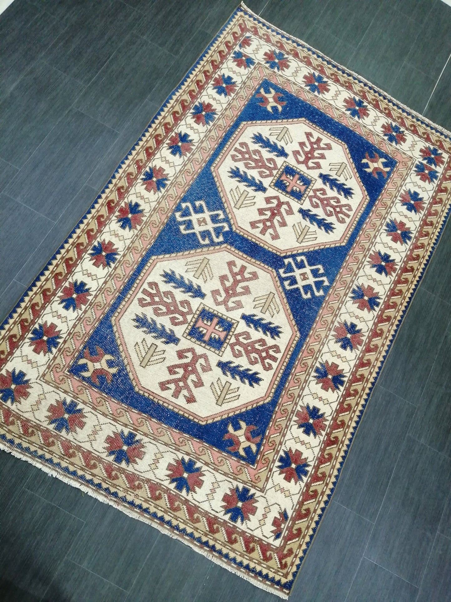 7.3 x 4.7 Blue Rug, Oriental Vintag Rug, Oushak Rug, Rustic Rug, Bohemian Rug, Rug Runner, Turkish Rug, Farmhouse Rug, Vintage Rug, Wool rug