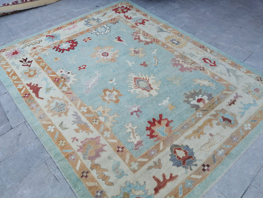 9.6 x 11.9 Blue OUSHAK RUG, TURKISH Oushak Rug, Vintage Oushak  Rug, Blue Wool Oushak Rug Hand Made Rugs, Made In Turkey Oriental 10x12 rug
