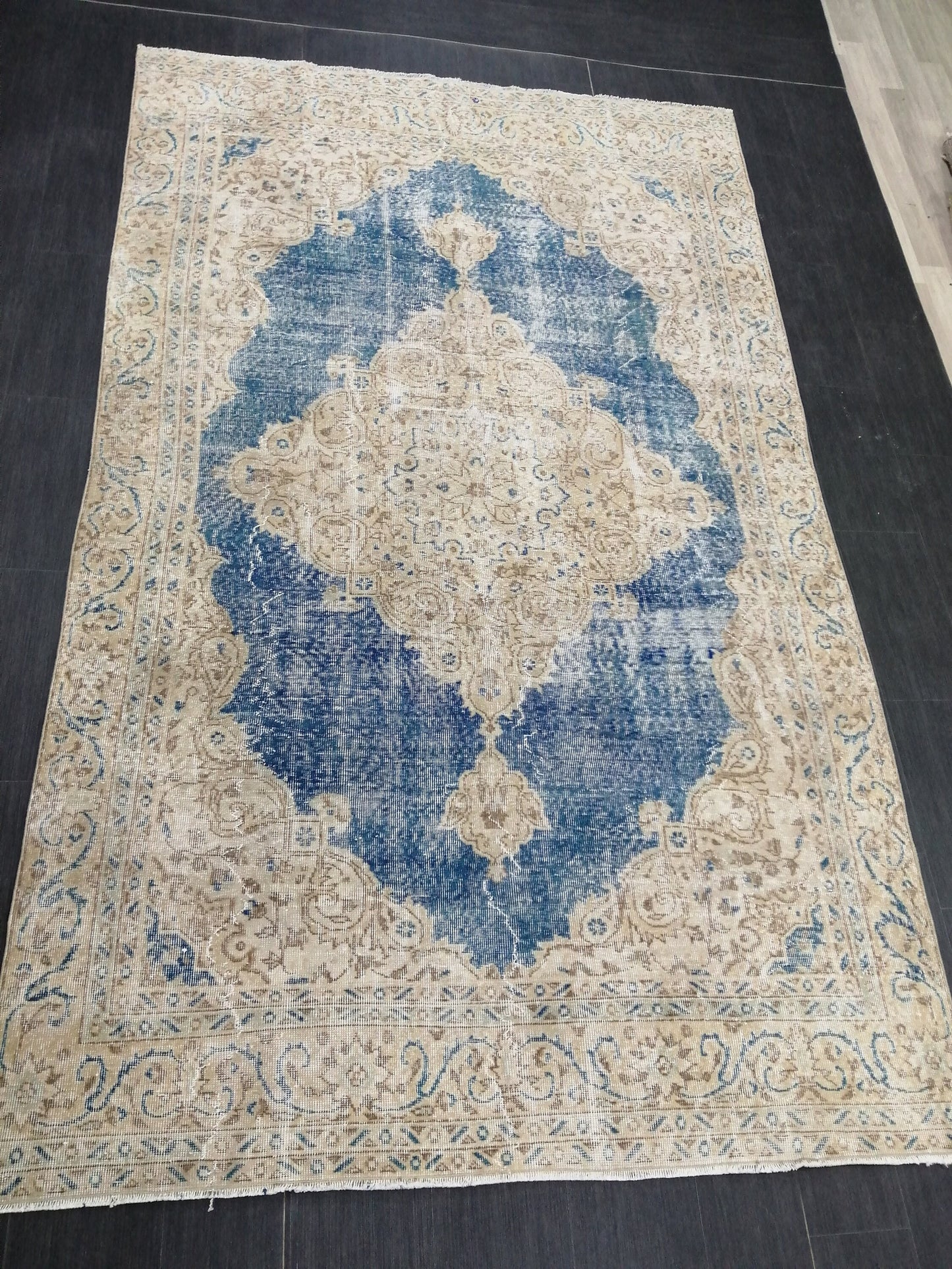 6.3 x 10.5 Denim Blue OUSHAK RUG TURKISH Oushak Rug Vintage Wool 10x6 Rug Hand Made Rugs distressed Rug
