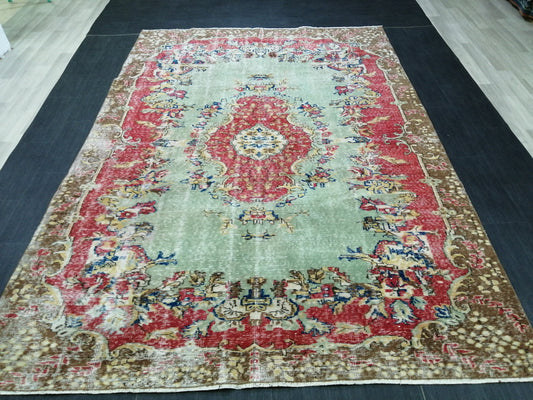 9.5x6.7 Rugs, Hand Made Rug, Oushak Rug, Rustic Rug, Light Green And Red Rug, Rug Runner, Turkish Rug, Farmhouse Rug, Vintage Rug, Wool rug