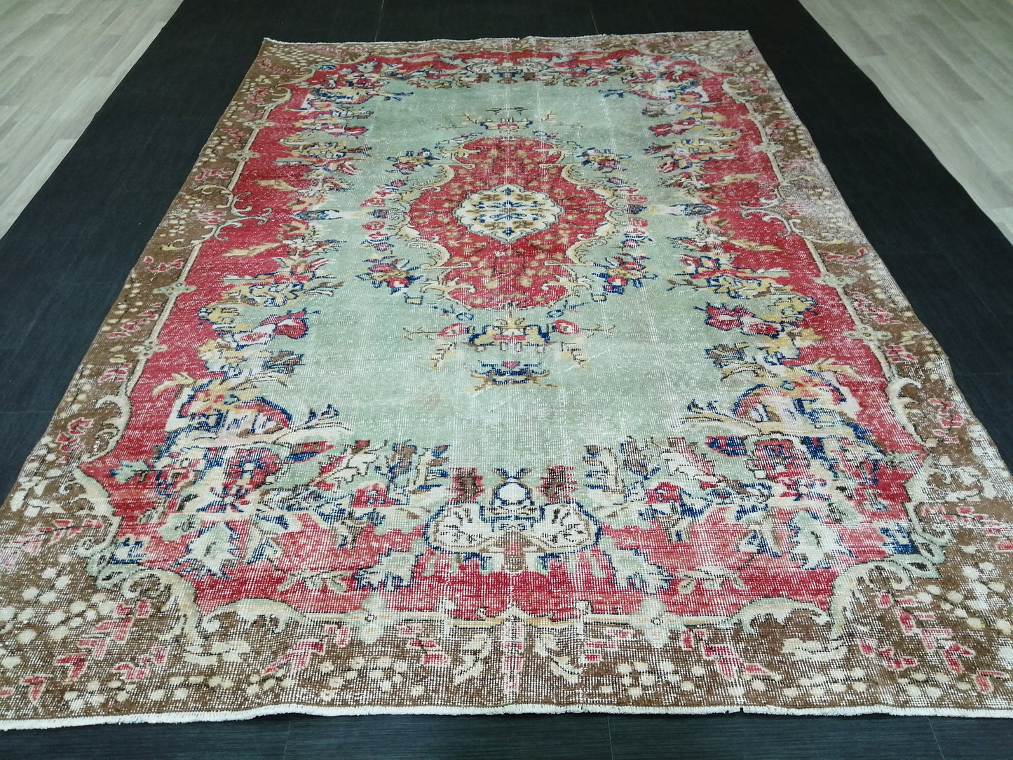 9.5x6.7 Rugs, Hand Made Rug, Oushak Rug, Rustic Rug, Light Green And Red Rug, Rug Runner, Turkish Rug, Farmhouse Rug, Vintage Rug, Wool rug