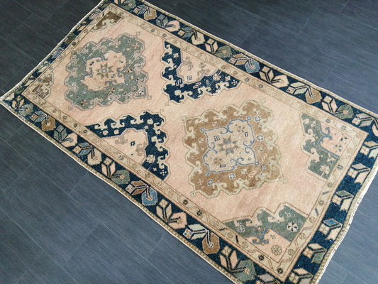 6x3.3 Rugs, Hand Made Rug, Oushak Rug, 3x6 Soft color Rug, Rug Runner, Pinky Beige And Navy Turkish Rug, Farmhouse Rug, Vintage Wool rug