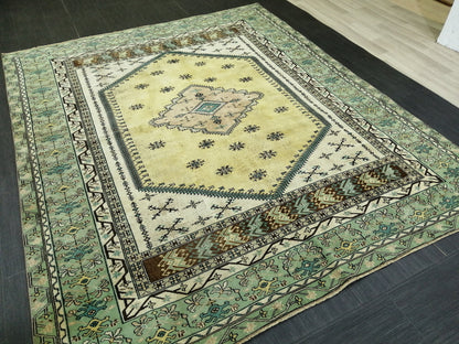 OUSHAK RUG  8.6x7.3 Green TURKISH Oushak Rug Vintage Oushak Runner Rug Vintage Runner Rug Wool Oushak Rug Hand Made Rugs Vintage Turkish Rug