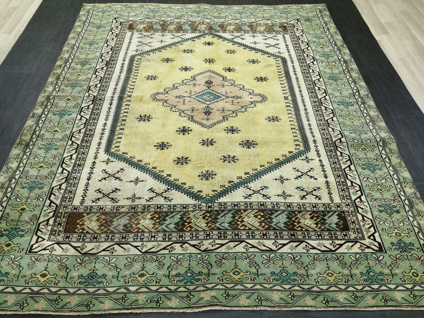 OUSHAK RUG  8.6x7.3 Green TURKISH Oushak Rug Vintage Oushak Runner Rug Vintage Runner Rug Wool Oushak Rug Hand Made Rugs Vintage Turkish Rug