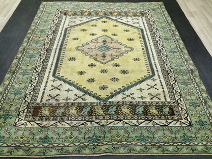 OUSHAK RUG  8.6x7.3 Green TURKISH Oushak Rug Vintage Oushak Runner Rug Vintage Runner Rug Wool Oushak Rug Hand Made Rugs Vintage Turkish Rug