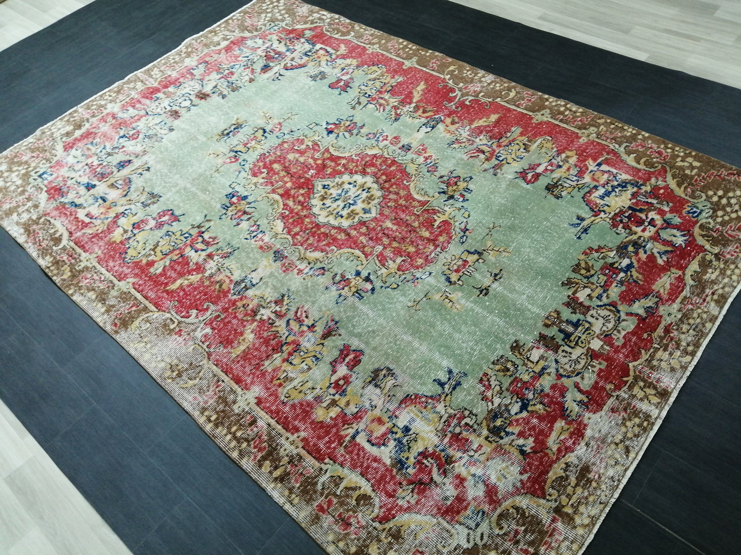 9.5x6.7 Rugs, Hand Made Rug, Oushak Rug, Rustic Rug, Light Green And Red Rug, Rug Runner, Turkish Rug, Farmhouse Rug, Vintage Rug, Wool rug