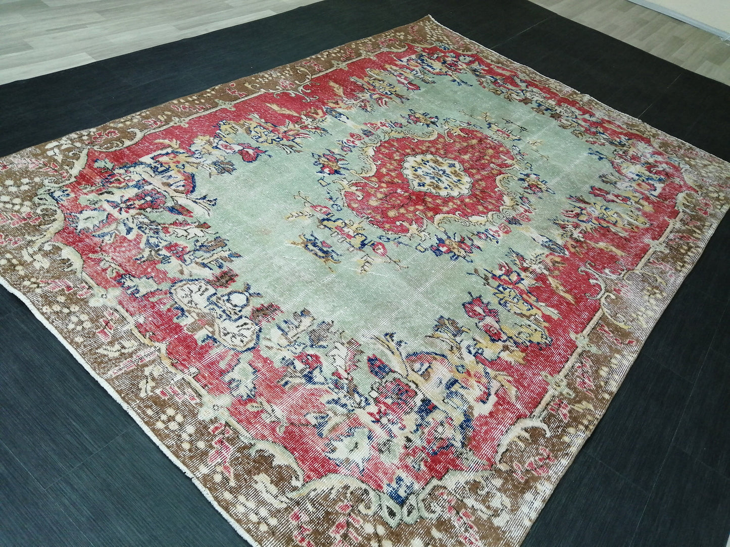 9.5x6.7 Rugs, Hand Made Rug, Oushak Rug, Rustic Rug, Light Green And Red Rug, Rug Runner, Turkish Rug, Farmhouse Rug, Vintage Rug, Wool rug