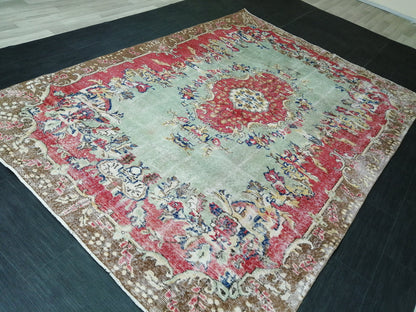 9.5x6.7 Rugs, Hand Made Rug, Oushak Rug, Rustic Rug, Light Green And Red Rug, Rug Runner, Turkish Rug, Farmhouse Rug, Vintage Rug, Wool rug