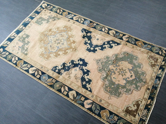6x3.3 Rugs, Hand Made Rug, Oushak Rug, 3x6 Soft color Rug, Rug Runner, Pinky Beige And Navy Turkish Rug, Farmhouse Rug, Vintage Wool rug