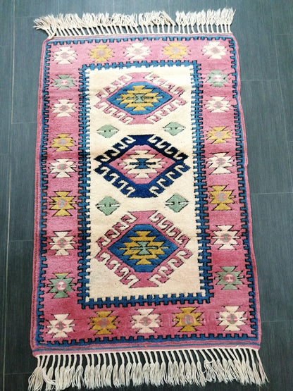 4.3X2.9 PINK AND NAVY Rug Hand Made Rug, High Pile Oushak Rug,  3x4 Boho Rug, Rug Runner, Plush Turkish Rug, Farmhouse Rug, Vintage Wool rug
