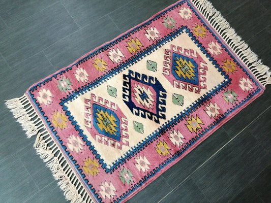 4.3X2.9 PINK AND NAVY Rug Hand Made Rug, High Pile Oushak Rug,  3x4 Boho Rug, Rug Runner, Plush Turkish Rug, Farmhouse Rug, Vintage Wool rug