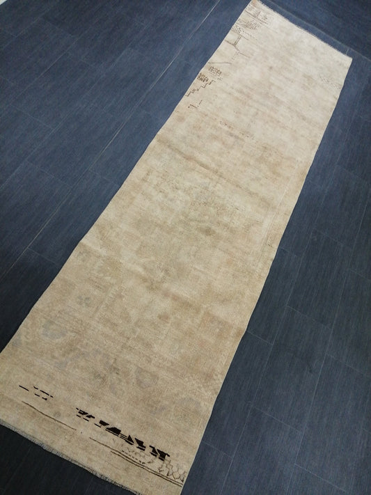Muted Oushak Runner 2.7 x 9.8 Rug Turkish Runner Rug Faded Vintage Runner Rug Hallway Runner Rug Neutral Kitchen Runner Rug Wool Runner Rug