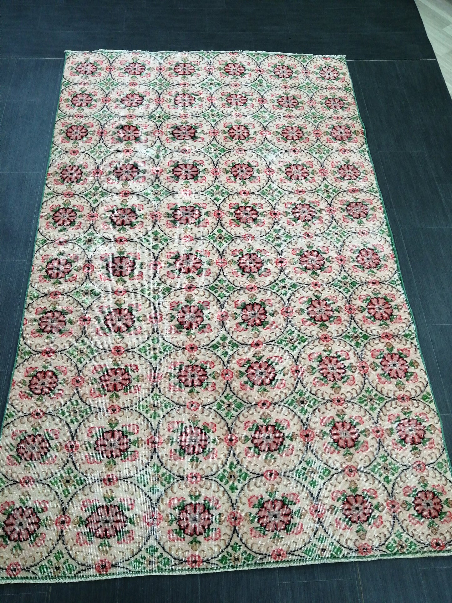 Green Floral Rug 5.3 x 8.5 Handmade Rug, Oushak Rug, Rustic Rug, Boho Rug, Rug Runner, Turkish Rug, Farmhouse Rug, Vintage Rug, Wool rug