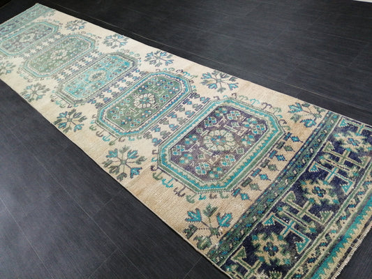 Green Blue Beige Oushak Runner Rug 11.8 x 2.8 Turkish Runner Rug Vintage Runner Rug 3x12 Hallway Runner Rug Kitchen Runner Rug Wool Runner