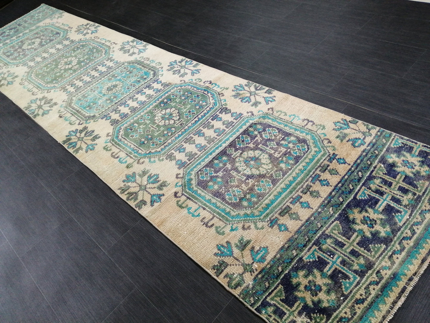 Green Blue Beige Oushak Runner Rug 11.8 x 2.8 Turkish Runner Rug Vintage Runner Rug 3x12 Hallway Runner Rug Kitchen Runner Rug Wool Runner