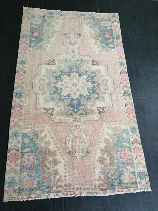 4 x 7 Pink OUSHAK RUG TURKISH  Muted Colors Rug Vintage Oushak Runner Rug Vintage Runner Rug Wool Rug Hand Made Rugs Vintage Turkish Rug