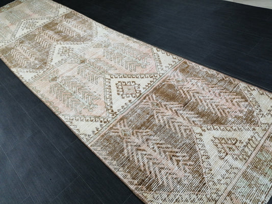 12 x 3.2 Muted Vintage Runner Rug Muted Hallway Runner Rug Kitchen Runner Rug Distressed Wool Runner Rug Wool Oushak Runner