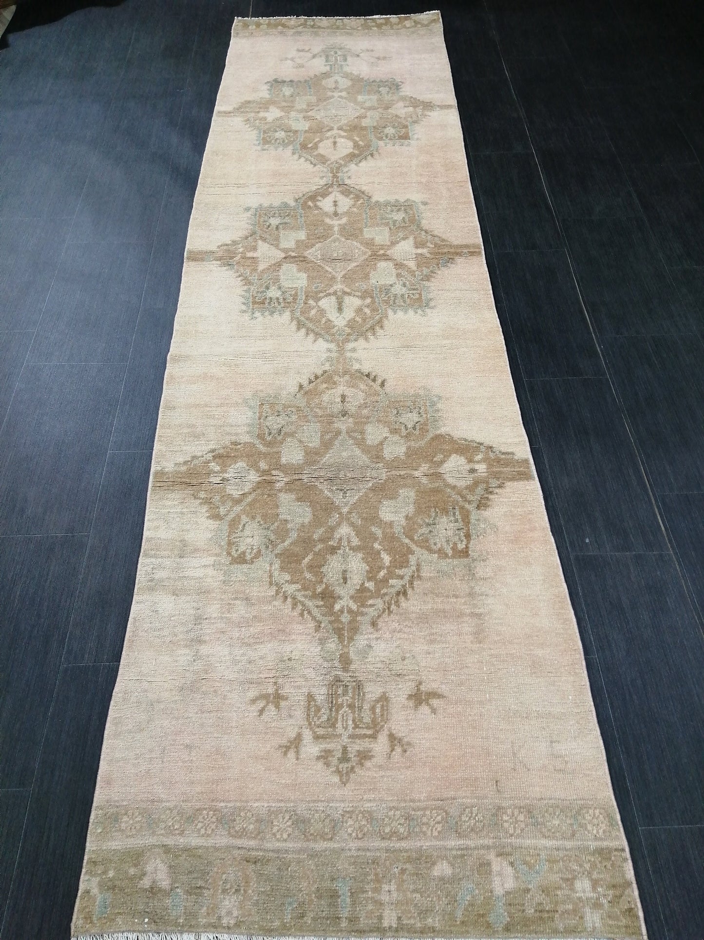 Muted Vintage Runner Rug 2.7 x 10.4 Turkish Runner Rug Vintage Runner Rug Hallway Runner Rug Kitchen Runner Rug Wool Runner Wool Oushak Rug