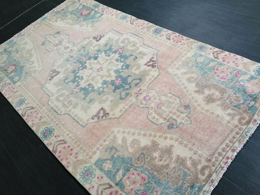 4 x 7 Pink OUSHAK RUG TURKISH  Muted Colors Rug Vintage Oushak Runner Rug Vintage Runner Rug Wool Rug Hand Made Rugs Vintage Turkish Rug