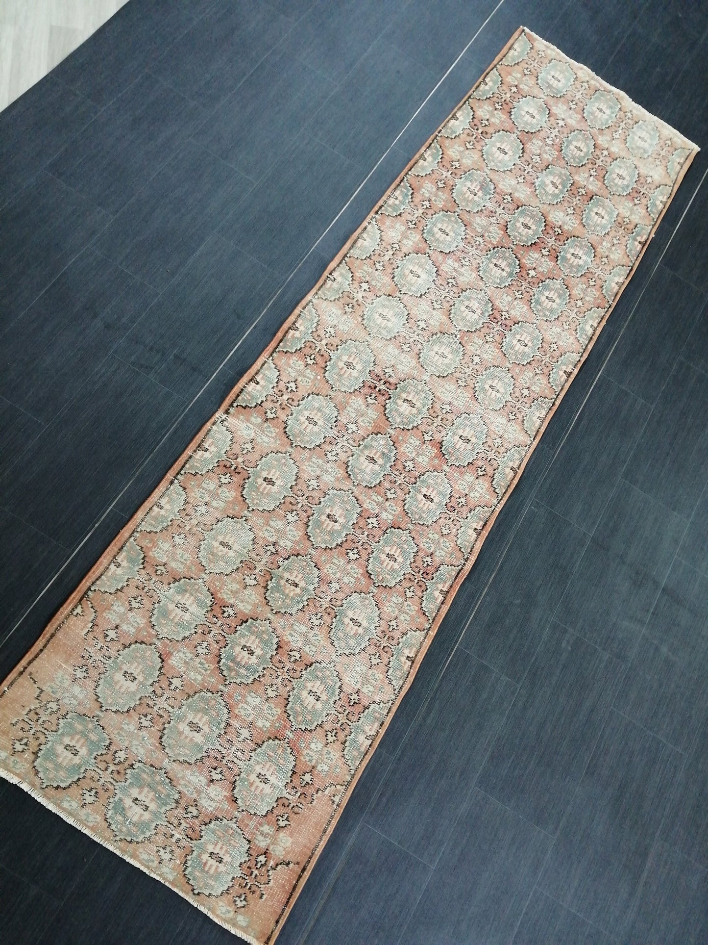 Muted Oushak Runner Rug 2.7 x 9.4 Distressed Runner Rug Vintage Runner Rug Hallway Runner Rug Kitchen Runner Rug Wool Runner