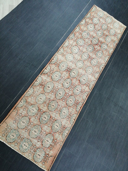 Muted Oushak Runner Rug 2.7 x 9.4 Distressed Runner Rug Vintage Runner Rug Hallway Runner Rug Kitchen Runner Rug Wool Runner