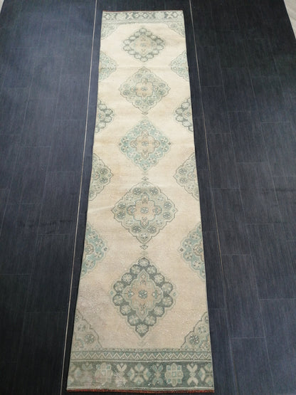 Muted Oushak Runner Rug 10.7 x 2.6 Muted Vintage Runner Rug Hallway Runner Rug Kitchen Runner Rug Wool Runner Rug Wool Oushak Rug