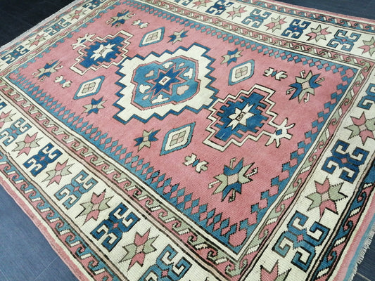 Pink and Blue 7.2 x 5.5 Vintage Oushak Rug Vintage Rug Livingroom Rug Wool Hand Made Rugs Vintage Turkish Rug