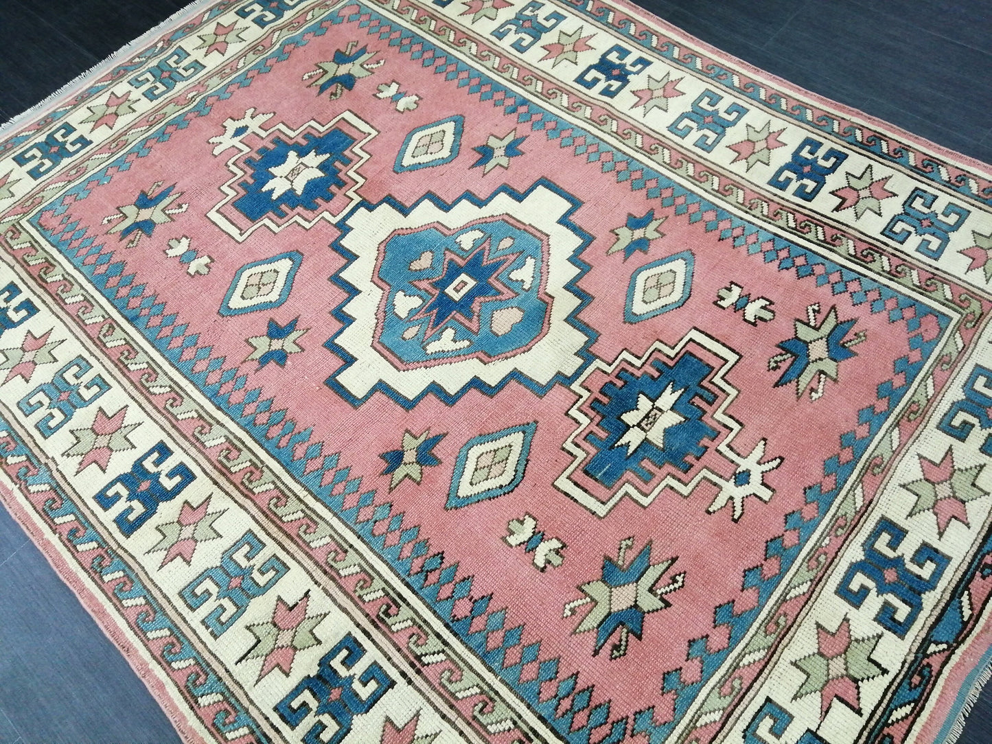 Pink and Blue 7.2 x 5.5 Vintage Oushak Rug Vintage Rug Livingroom Rug Wool Hand Made Rugs Vintage Turkish Rug