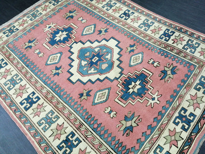 Pink and Blue 7.2 x 5.5 Vintage Oushak Rug Vintage Rug Livingroom Rug Wool Hand Made Rugs Vintage Turkish Rug