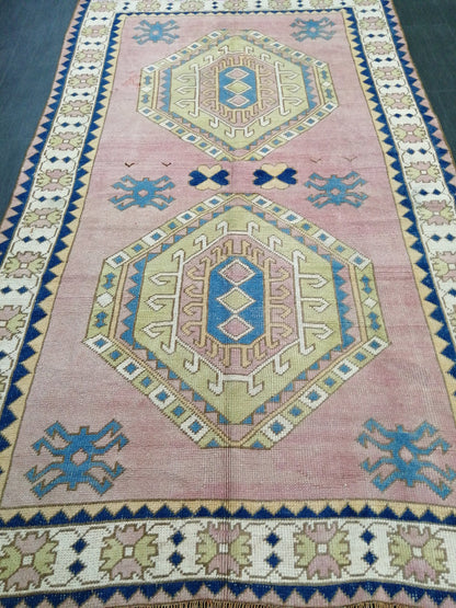 Pink and Blue Vintage RUG 9 x 6 TURKISH Rug Vintage Oushak Rug Vintage Rug Wool Oushak Rug Hand Made Rugs Vintage Turkish Rug