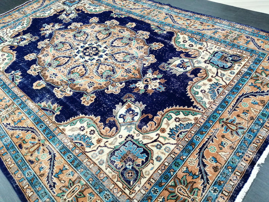 Blue Oushak Rug, 7 x 10.7 Vintage Rug, Bohemian Rug, Rug Runner, Turkish Rug, Farmhouse Rug, Blue Vintage Rug, Wool  Oriental Rug