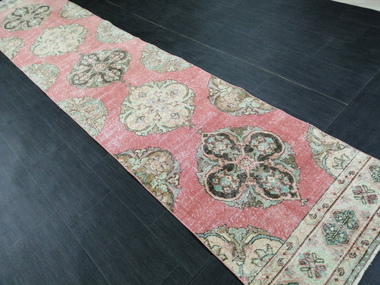 Pink Vintage Runner Rug 12.9 x 2.6 Oushak Runner Hallway Runner Rug Kitchen Runner Rug Wool Runner Rug Wool Oushak Rug