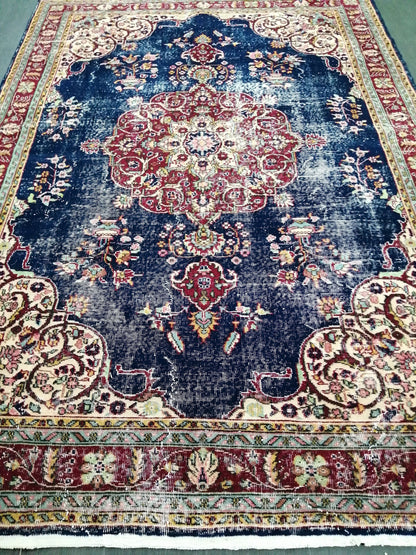 Blue Floral Rug Distressed Vintage Rug 9.9 x 6.9 Vintage Rug Wool Oushak Rug Hand Made Rugs Vintage Turkish Rug