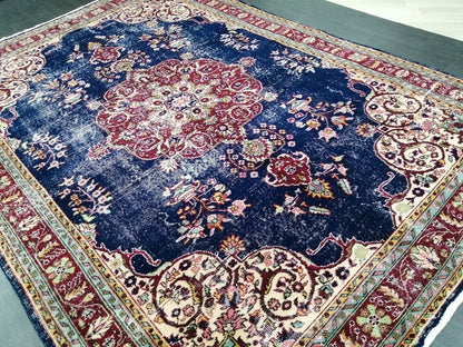 Blue Floral Rug Distressed Vintage Rug 9.9 x 6.9 Vintage Rug Wool Oushak Rug Hand Made Rugs Vintage Turkish Rug