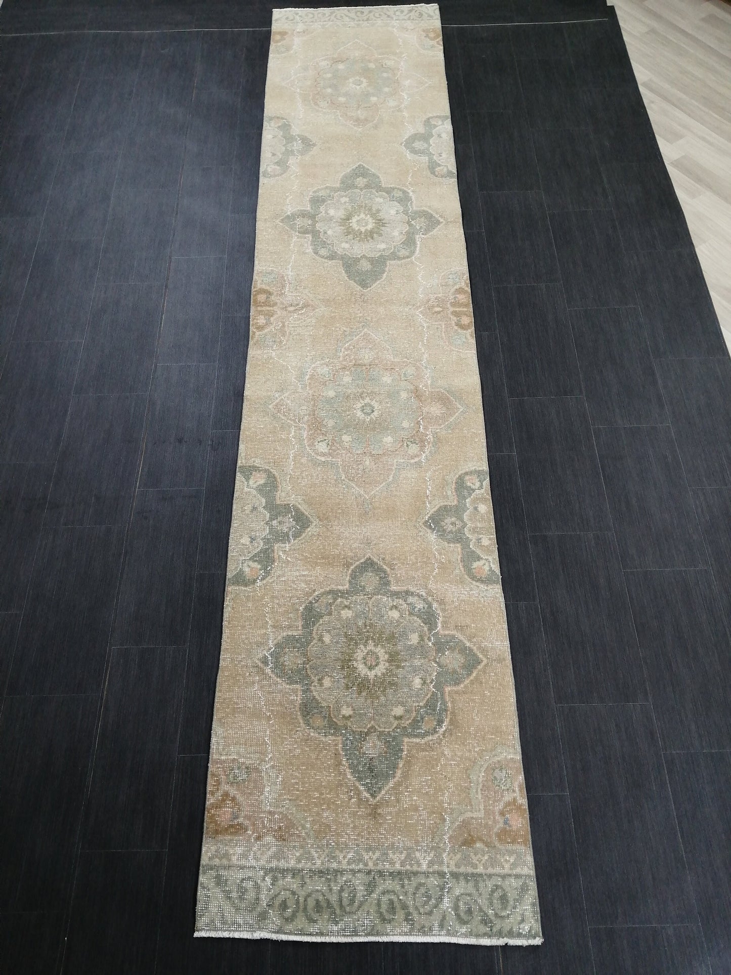Muted Vintage Runner Rug 2.5 x 12.5 Hallway Runner Rug  Kitchen Runner Rug Wool Runner Rug Oushak Runner Rug Turkish Runner Rug