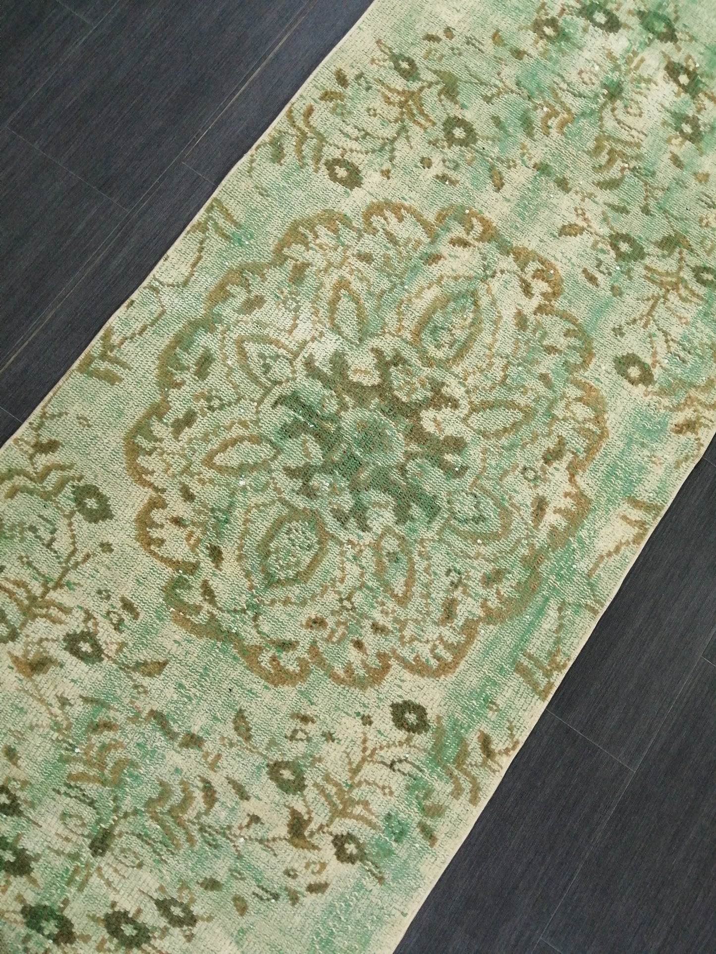 Green Oushak Runner Rug  2.9 x 9.2 Distressed Turkish Rug Runner  Vintage Runner Rug Hallway Runner Rug Kitchen Runner
