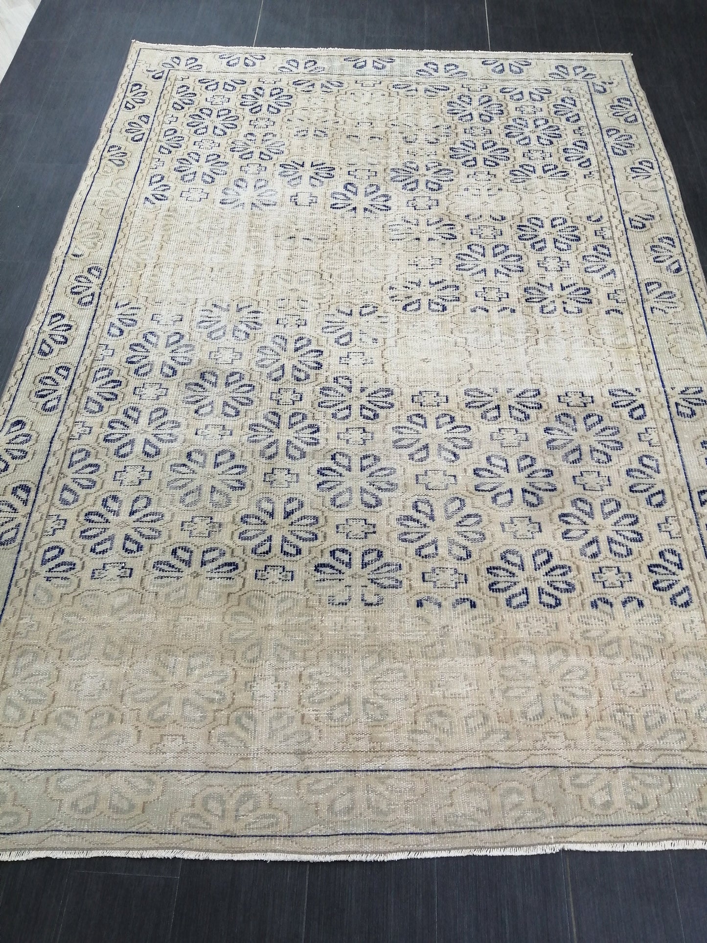Blue Floral Rug Distressed Vintage Rug Muted 6.8 x 9.4 Vintage Rug Wool Oushak Rug Hand Made Area Rugs Vintage Turkish Rug