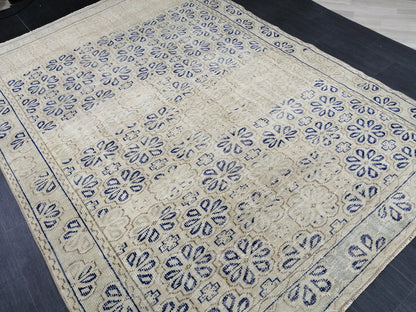 Blue Floral Rug Distressed Vintage Rug Muted 6.8 x 9.4 Vintage Rug Wool Oushak Rug Hand Made Area Rugs Vintage Turkish Rug