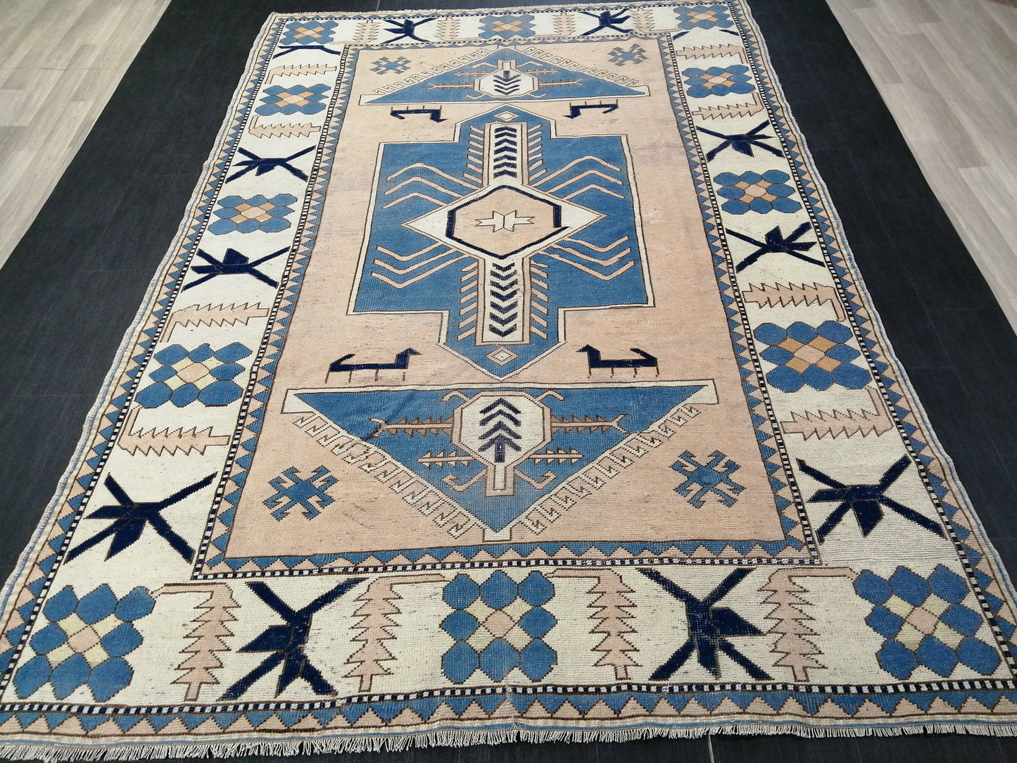 Blue Wool Rugs 6.8 x 10 Vintage Hand Made Rug, Oushak Rug, Turkish Rug, Farmhouse Rug Vintage Rug, Wool rug Oriental Rug 7x10 rug